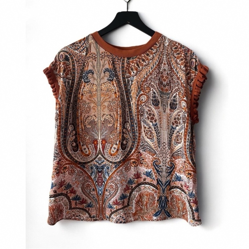 Elegant Paisley Print Short Sleeve Top - Brown